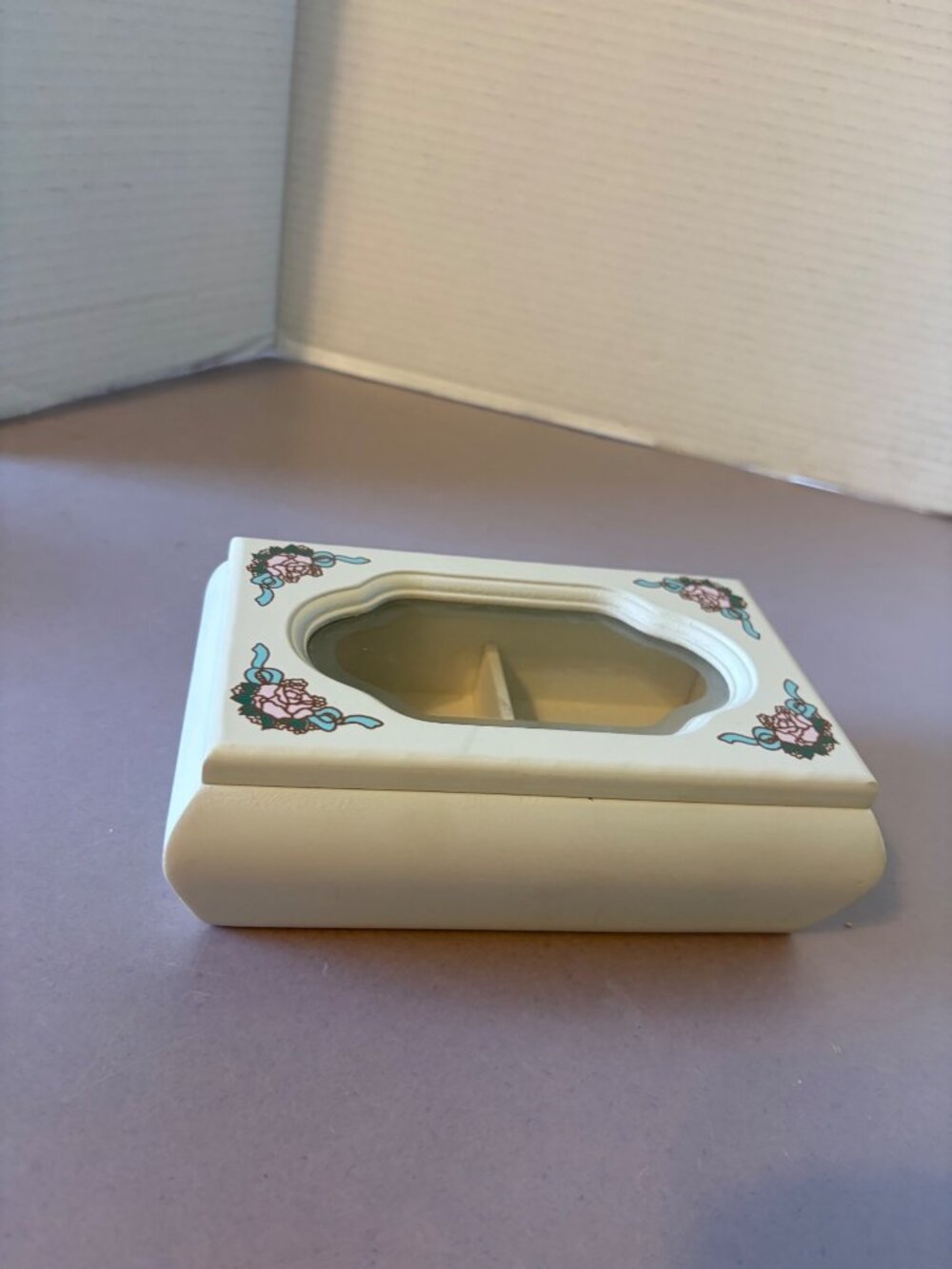 Floral Decorative Wooden Jewelry Box With Glass Lid & Compartments - Cream Color